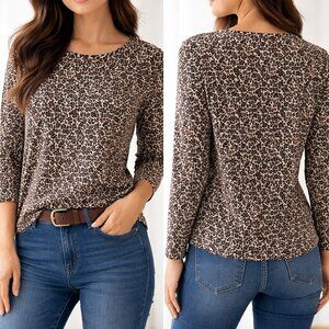 Rafaella Leopard Print Top Large Brown Black Long Sleeve Cotton Casual Blouse